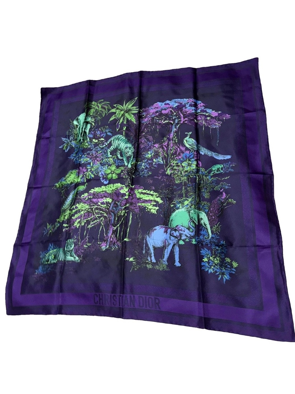 Christian Dior AUTHENTIC Toile de Jouy Voyage Jungle Animals Silk Scarf Purple